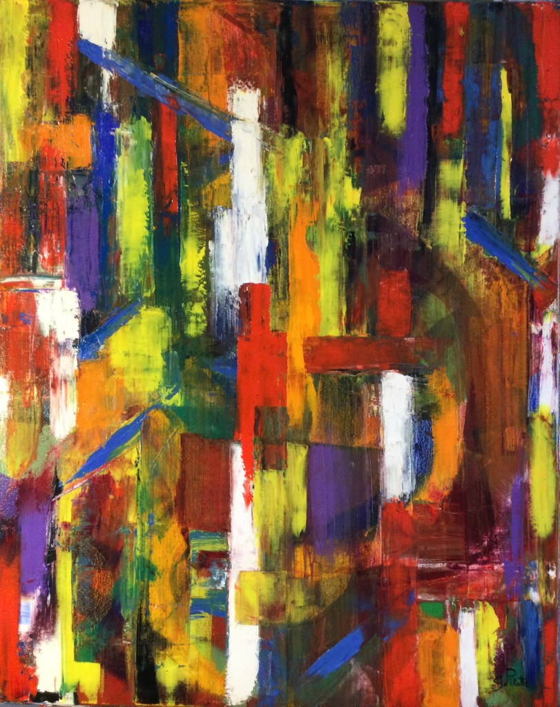 Œuvre abstraite composée de lignes verticales rouges, jaunes, bleues et magenta 