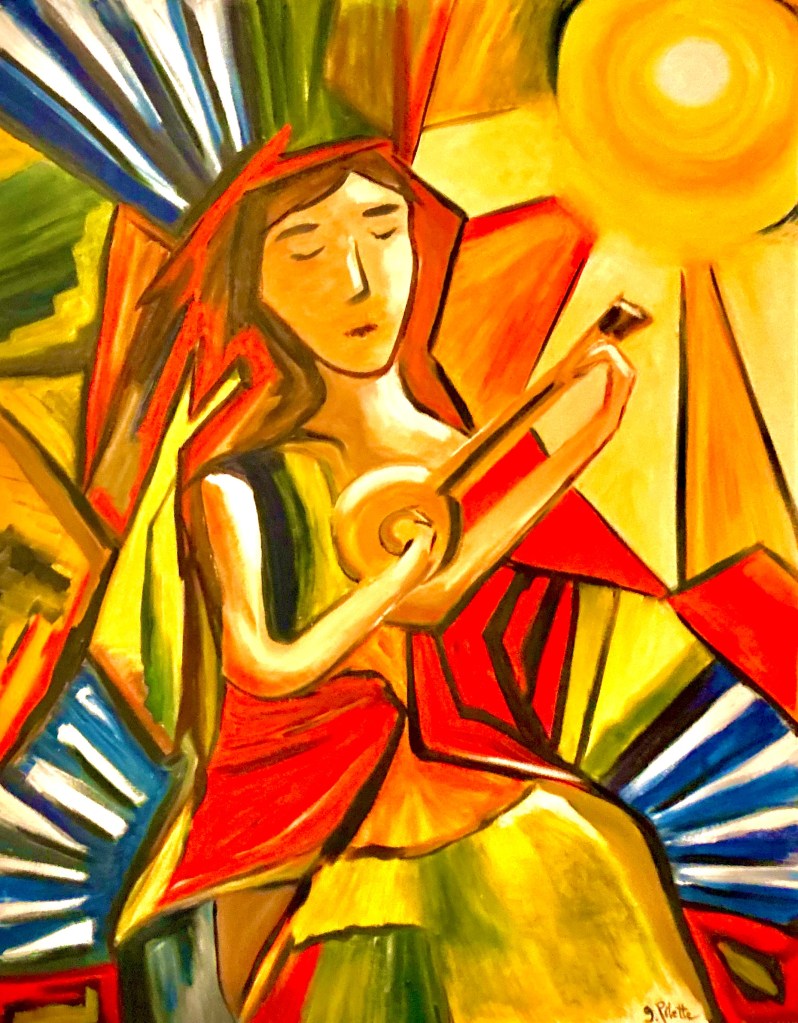 Femme cubiste jouant de la mandoline en rouge, jaune, bleu et orangé 