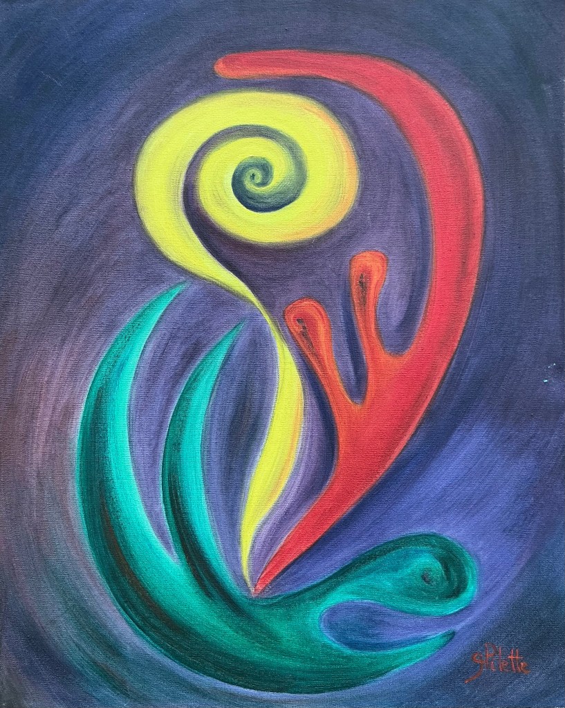 Œuvre abstraite avec formes ondulées jaunes, rouges et vertes sur fond violet 